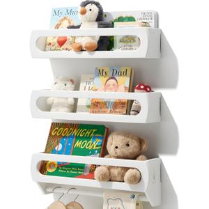 Bamboo Nursery Book Shelves, 3-Pack White Floating Shelves for Wall Kids, Fully Assembled Wall Book Shelves for Bedroom Kids, Toddler Room, Baby Room, Nursery Decor