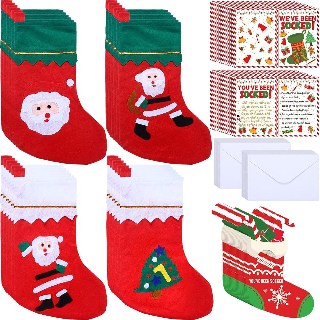 96 Pcs Christmas Favor Gifts 24 Pack 15" Felt Christmas Stockings Bulk 24 You've Been Socked Card with Envelope 24 Candy Cane Doorknob Hanging Ornaments for Family Xmas Present Party Decorations