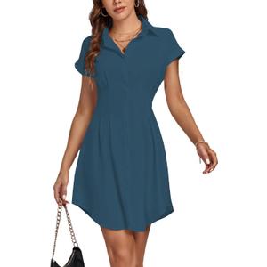 LYANER Women's Pleated Waist Collar V Neck Button Down Short Sleeve Mini Short Shirt Dress (X-Large, Teal Blue)