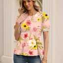 Rapbin Womens Summer Tops Round Neck Blouses Loose Puff Short Sleeve Cute Babydoll Tops Casual Dressy T-Shirts 2026（Pink Floral XL） (XL)