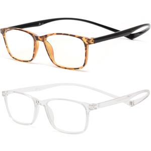 JM 2 Pack Magnetic Reading Glasses for Men Women, Hang Neck Blue Light Blocking Computer Readers Tortoise & Clear +3.0