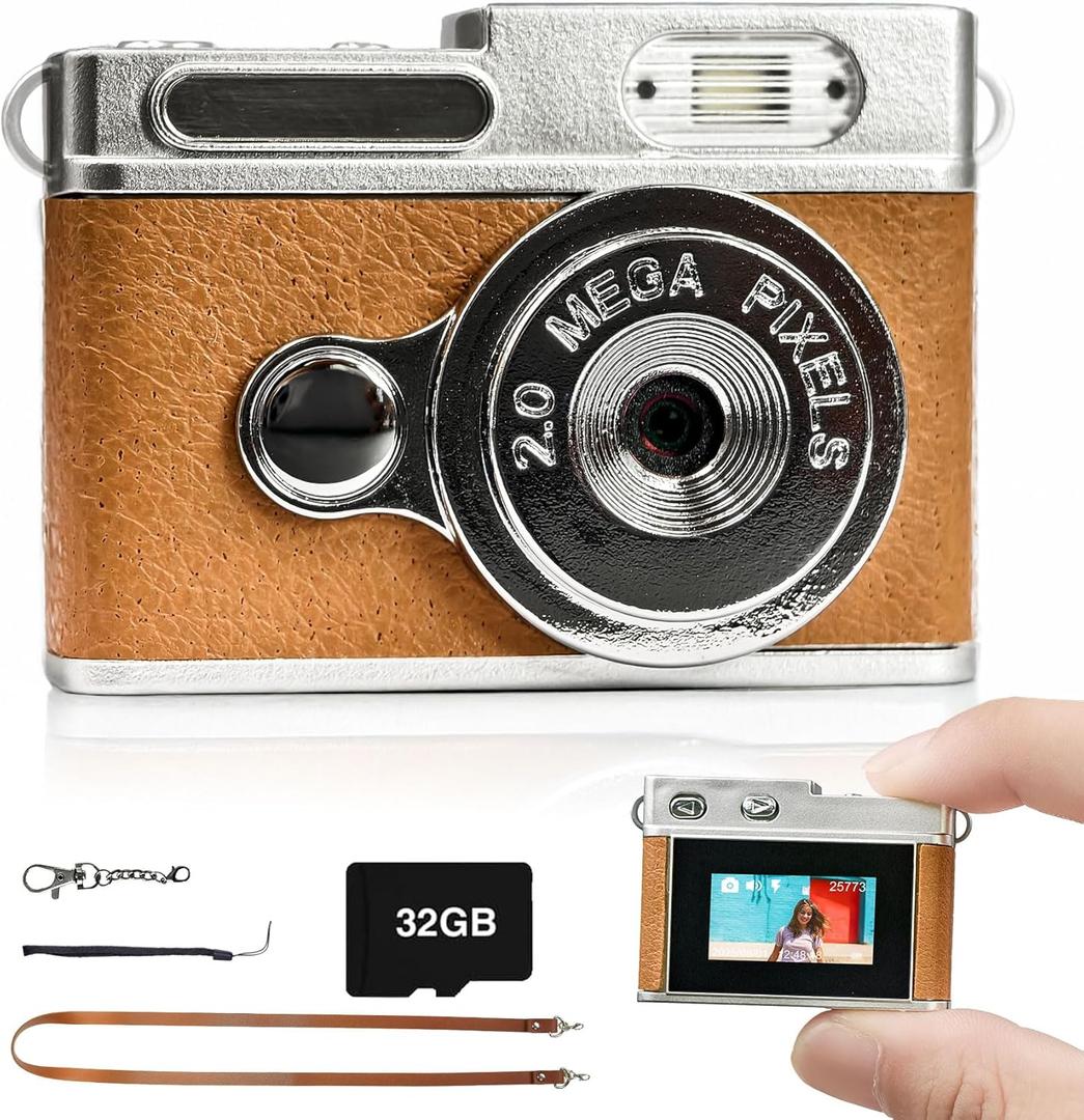 Mini Digital Camera with 0.96 in LCD Screen 1080P 32GB Card Feel of Old 90s Photographs, Keychain Size, Birthday Gifts (Brown)