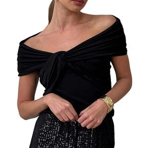 Women's Y2K Off-Shoulder Crop Top - Ruched Sleeveless Blouse for Beach Party (Large, Black)