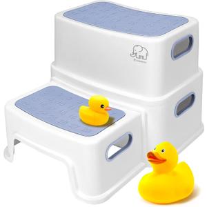 Forbena Kids Step Stool for Bathroom, Two Stepping Stool for Toddlers Toilet Potty Training, Sturdy Children Plastic Step Stool for Bed Bathroom Kitchen Counter Sink (White-Blue)