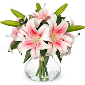 Artificial Flowers Tiger Lily Real Touch with Vase Easter Lily Pink Lilies Silk Faux Flowers Arrangements in Glass Vase with Faux Water Easter Decor Fake Floral Bulk Bouquet for Office Home Decor