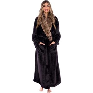 Silver Lilly Premium Womens Robe with Shawl Collar, Plush Bath Robe for Women, Fluffy, Warm, Fleece Women's Bathrobe (Large-X-Large, Black Faux Fur)