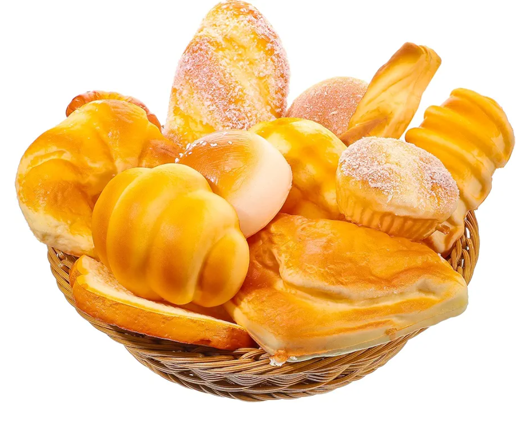 Chivao 13 Pcs Fake Bread with Basket Artificial Food for Display Photo Props Realistic Bread Toy Set Simulation French Loaf Faux Pastries Food Model for Bakery Home Kitchen Decoration(Bread)