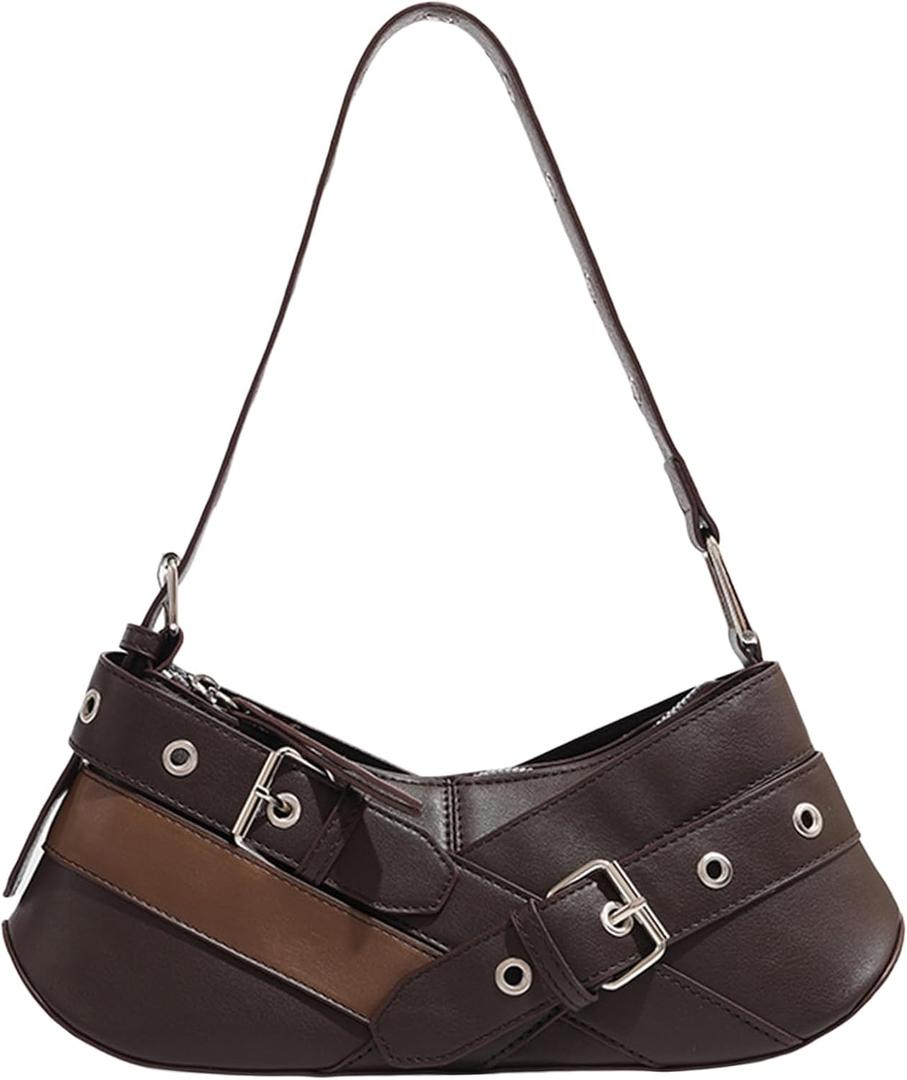 Women's Retro Y2k Buckle Punk Underarm Bag PU Leather Clutch Purse Adjustable Shoulder Bag Brown One Size