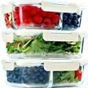 FIT Strong & Healthy Glass Meal Prep Containers, 1 & 2 & 3 Compartments Adult Bento Box, Beige Food Storage Containers with Lids, Leak-Proof, Oven & Freezer Safe, 35 oz, 3 Pack Lunch Box
