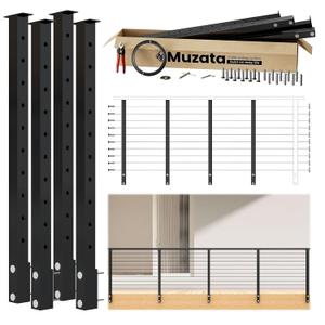 Muzata 12-16FT Modular Black Side Mount Cable Railing Kit 36 Inch 4 Level Post Kit Complete Set Cable Railing System for Decks Length Adjustable Easy DIY with Paper User Guide (No Handrail) RW21