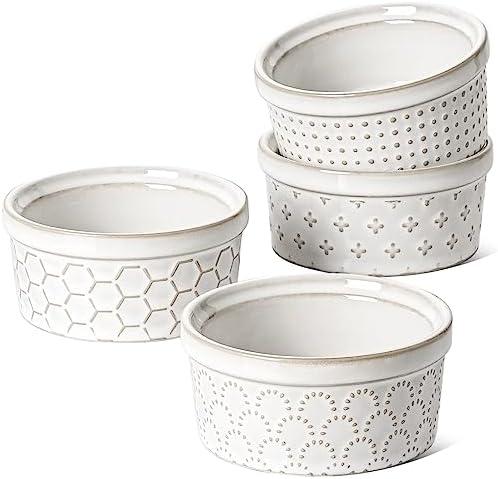 LE TAUCI Ramekins 4 oz Oven Safe for Creme Brulee, Charcuterie Boards Bowls for Souffle, Small Sauce Bowl, Ceramic Baking Dishes - 3.8 inch, Set of 4, Arctic White
