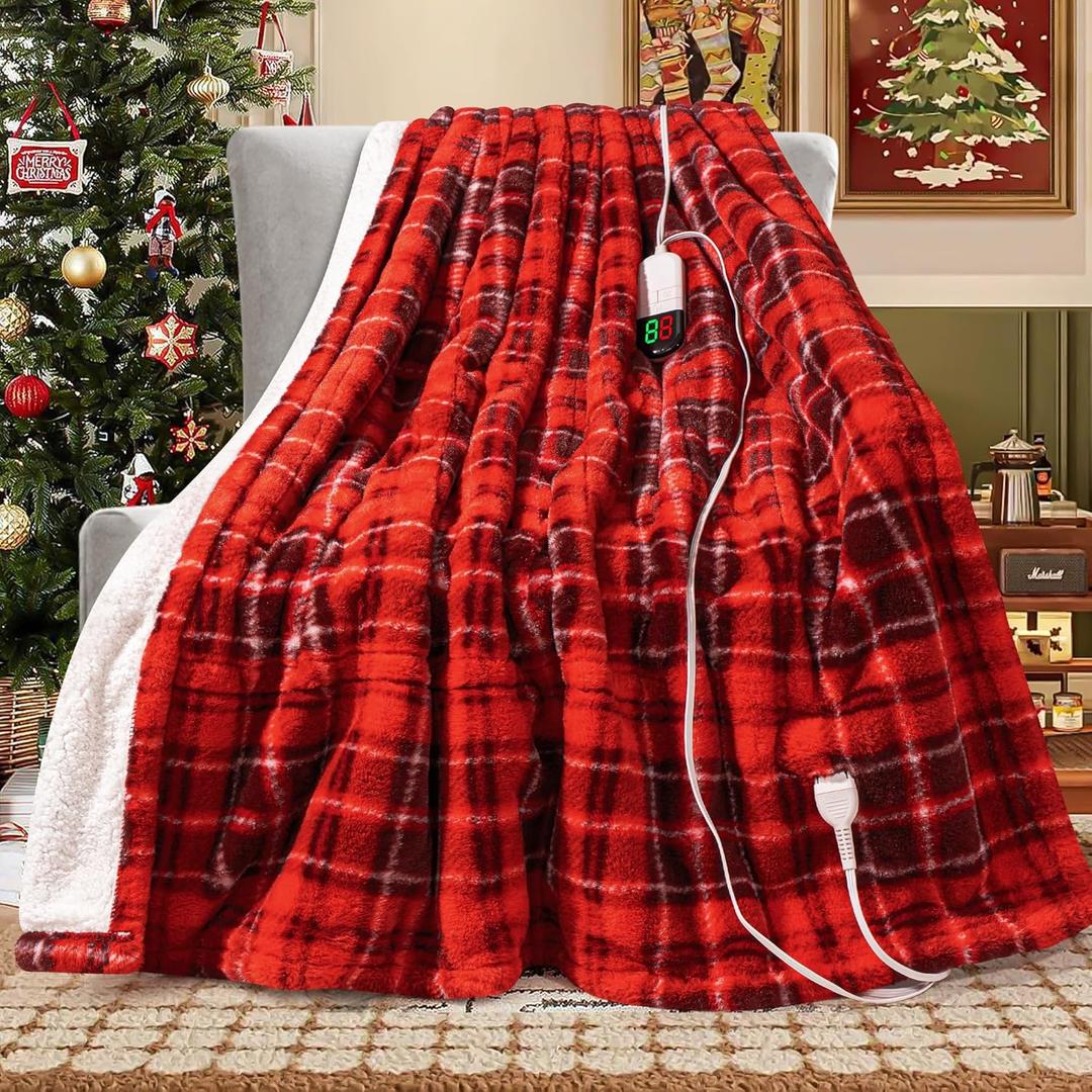 MAXEVE Heated Electric Blanket, 50"x60" Faux Fur Fast Heating Throw Blankets with 8 Heating Levels & 8 Hours Auto Off with Over-Heat Protection & ETL Certified, Plaid Red