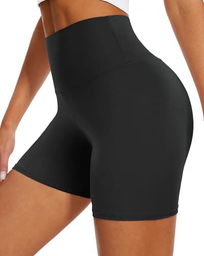 DHSO High Waisted Biker Shorts for Women-5" Spandex Tummy Control Fitness Clothing Athletic Workout Running Yoga Gym Bike Short Leggings(Black,L-XL)