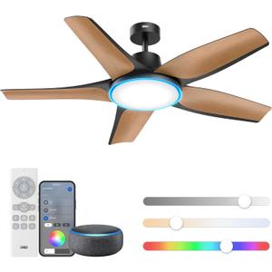 DREO Smart Ceiling Fans with Lights, Low Profile Ceiling Fan with Alexa/App, 52'' Dimmable Lighting & Color Tuning, RGB Ambient Light for Living Room, Game Room, Easy Installation, Quiet, Black