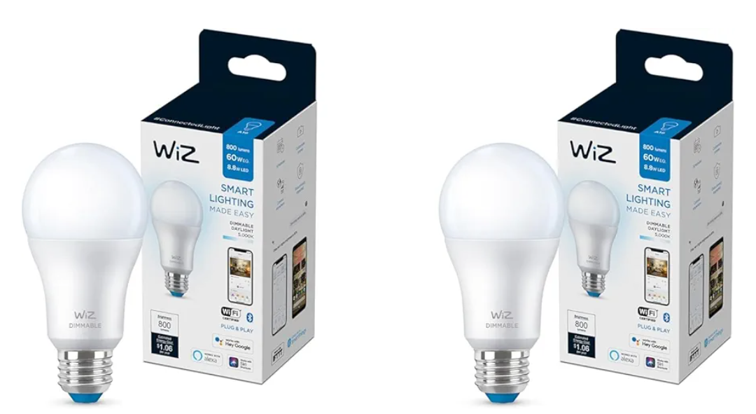 WiZ 60W A19 Dimmable Daylight (5000K) LED Smart Bulb - Pack of 2 - 800 Lumen - E26 - Indoor - Connects to Your Existing Wi-Fi - Control with Voice or App - Activate with Motion - Matter Compatible