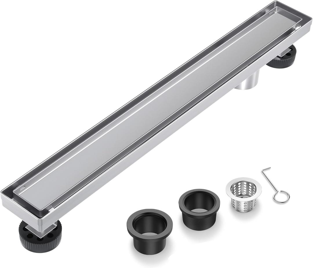 EXF Offset Linear Shower Drain 22 Inch, Brushed Stainless Steel Rectangle Bathroom Floor Drain with Hair Catcher, Adjustable Feet