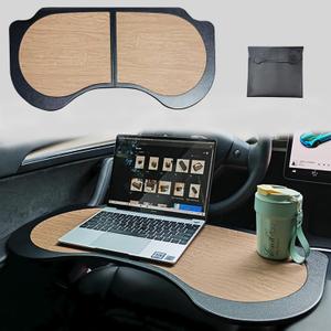 Frins Foldable Laptop Desk for Tesla Model Y Mddle 3, PU Leather Food Tray Table for Work, Study, Makeup, Travel, and Dining in car