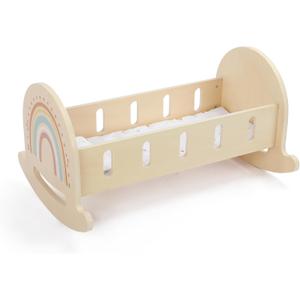FReniland Wood Rocking Doll Crib for Dolls up to 18 Inches, Wooden Baby Doll Bed Dolls Cradle with Blanket & Pillow, Classic Pretend Play Toy for Kids Ages 3+