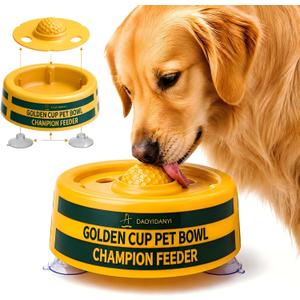 Golden Cup Slow Feeder Dog Bowls for Liquid Treat, Textured Spherical lid Integrated Anti-Slip Base, Yogurt Bone Broth Lick mat Dog Toy Prevent Accidental Ingestion Assist Digestion, slowing Feeding