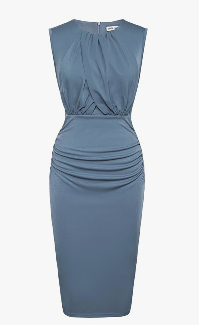 GRACE KARIN Women's Ruched Bodycon Dress Summer Sleeveless Front Drape Patchwork Crew Neck Midi Cocktail Dress
Color: Grey Blue, Size: XL