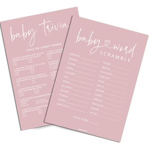 GardenCity Baby Shower Games for Girl - Baby Trivia and Word Scramble Game, 50 Double-Sided Cards (Blush Pink)