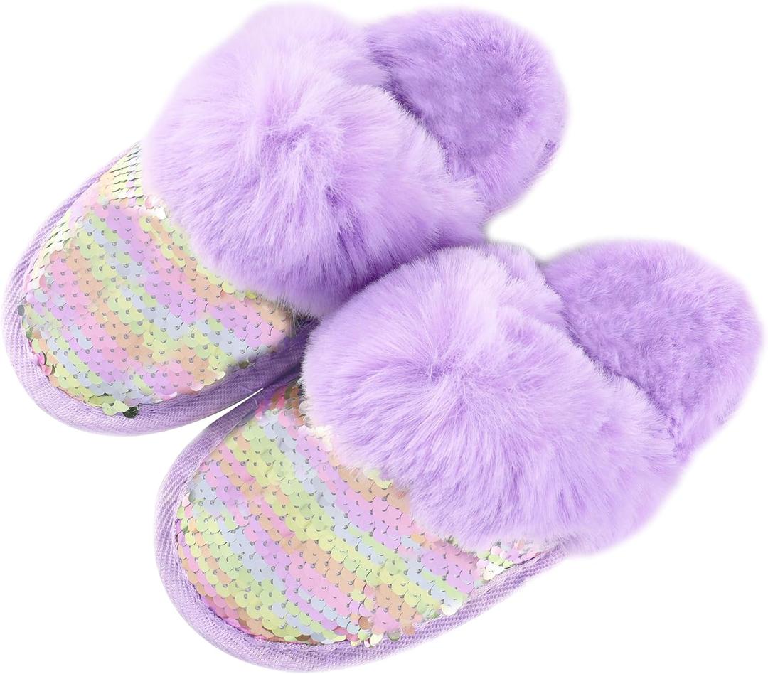 BESSIVIC Girls Fluffy Sequin House Slippers, Cute Kids Faux Fur Fuzzy Indoor Outdoor Memory Foam Shoes for Little Girls Purple US 12-13