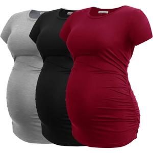 Smallshow Women's Maternity Tops Side Ruched Tunic T-Shirt Pregnancy Clothes (XX-Large, Black/Light Grey/Red)
