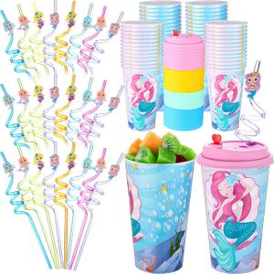 Maxcheck 24 Sets 16 oz Mermaid Cups Birthday Party Favors with Colorful Lids and Straws for Birthday Decorations Rainbow Plastic Cups Reusable Plastic Straws for Party
