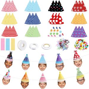 192 Pcs DIY Face Banner Kit Colorful Birthday Party Accessories Hat Assorted Pompoms Bow Fun and Personalized Party Supplies for Birthday Baby Shower Bridal Shower