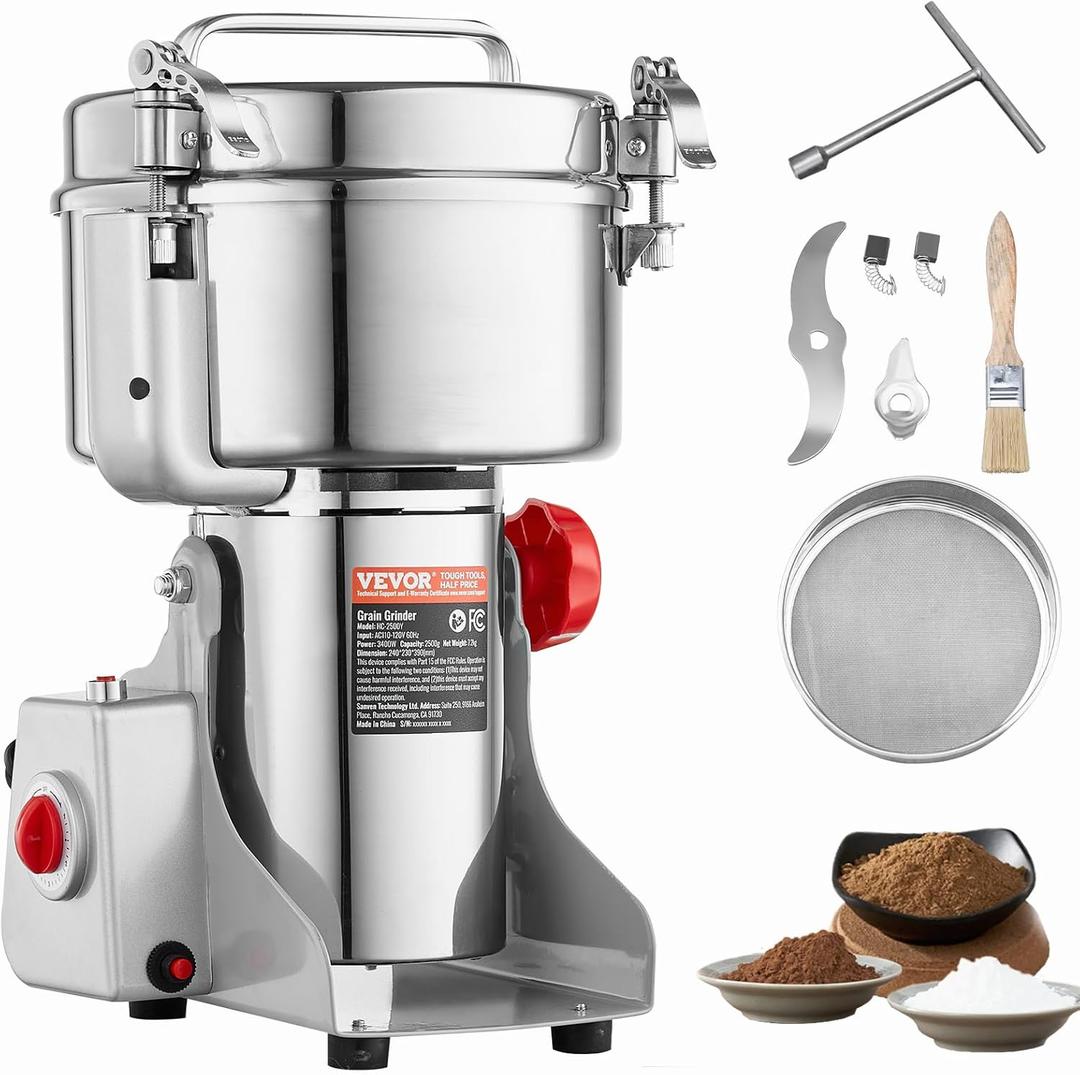 VEVOR 2500g Electric Grain Mill Grinder, High Speed 3400W Commercial Spice Grinders, Stainless Steel Pulverizer Powder Machine, for Dry Grains Spices Cereals Coffee Corn Pepper, Swing Type (Silver)