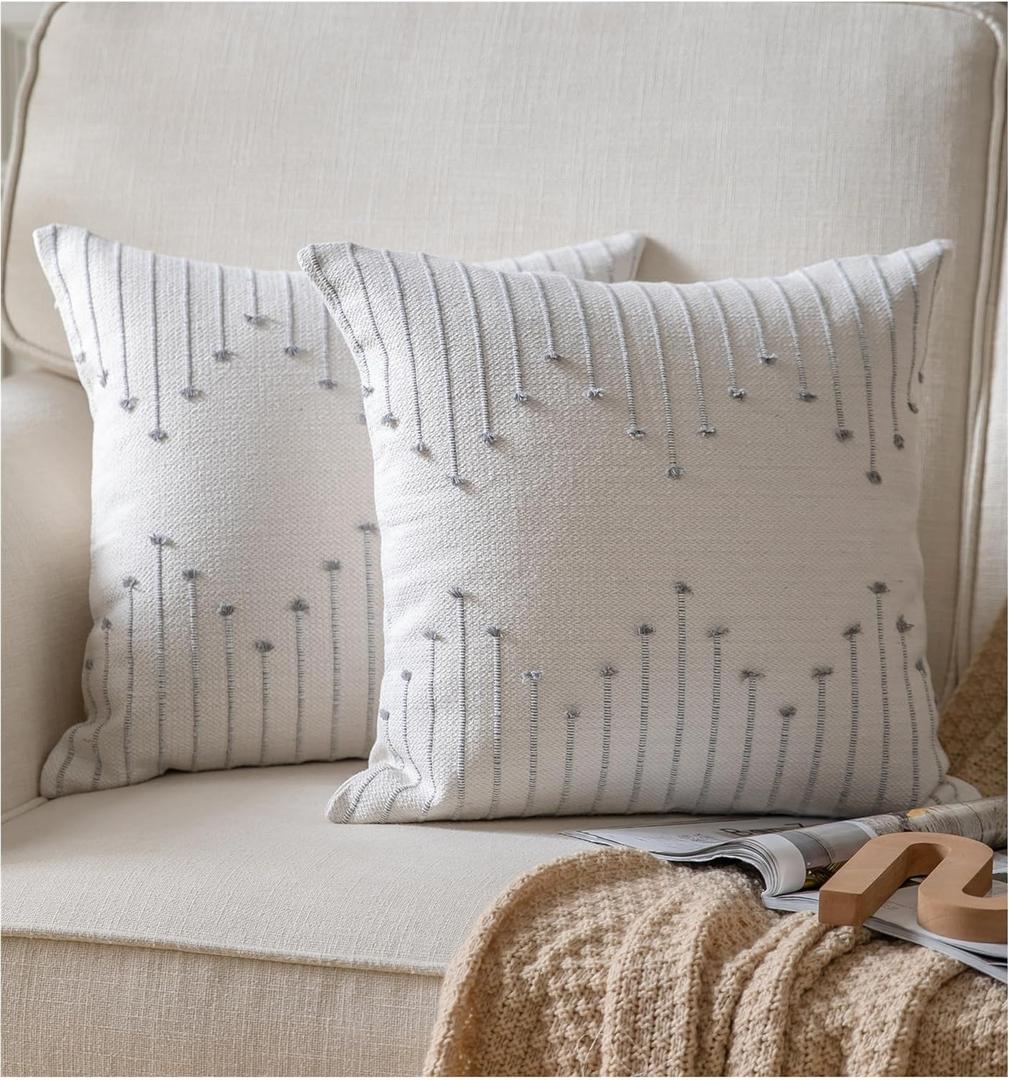 Caflife Boho Throw Pillow Covers 18x18 Set of 2 Decorative Pillows for Bed, Neutral Pillow Covers Beige with Grey Line Throw Pillows for Modern Farmhouse Couch Sofa Living Room Outdoor