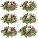 6Pcs Flocked Christmas Candle Rings Wreaths, 10"x3.5" Perfect PE Small Mini Christmas Wreath with Snowy Pinecones&Red Berries Cedar Eucalyptus Cypress Wreath Candle Holders for Table Centerpiece Decor