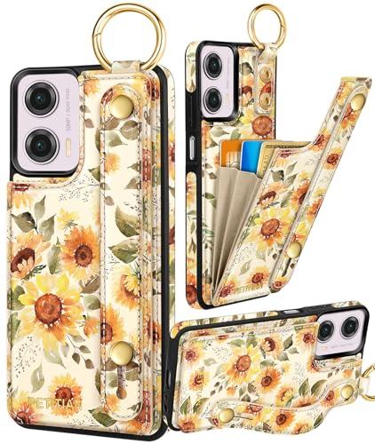 Petitian for Moto G Power 5G 2024 Case with Wallet - Women Girls Cute Girly Aesthetic Unique Design Leather Credit Card Holder Cardholder Stand Wristband for Motorola G Power 5G 2024, Sunflower