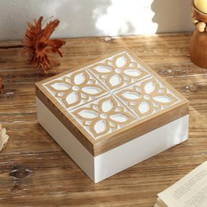 Small Wooden Keepsake Box - Decorative Handmade Rustic Trinket Boxes with Hinged Lid, Flower Carved Design, 7.1" x 7.1" x 3.2"