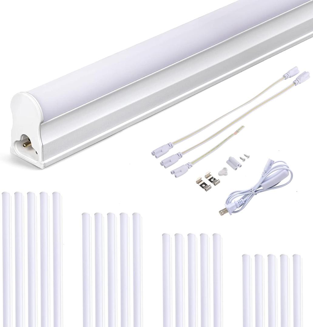 20-Pack LED T5 Integrated Single Fixture, 4FT Linkable LED Shop Light, 20W T5 Tube Lights for Garage Warehouse Workshop Basement, 2200lm, 6500K(Cool White), Plug&Play, Built-in ON/Off Switch