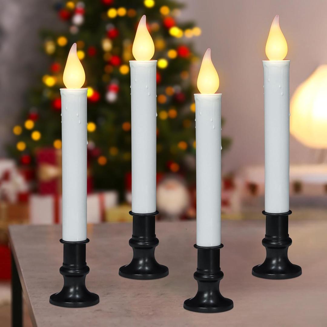yunsheng 9.3Inches LED Window Candles Dusk to Dawn Light Sensor Timer, 4PCS Battery Operated Flameless Taper Candles Flickering with Black Candlestick for Home Decor