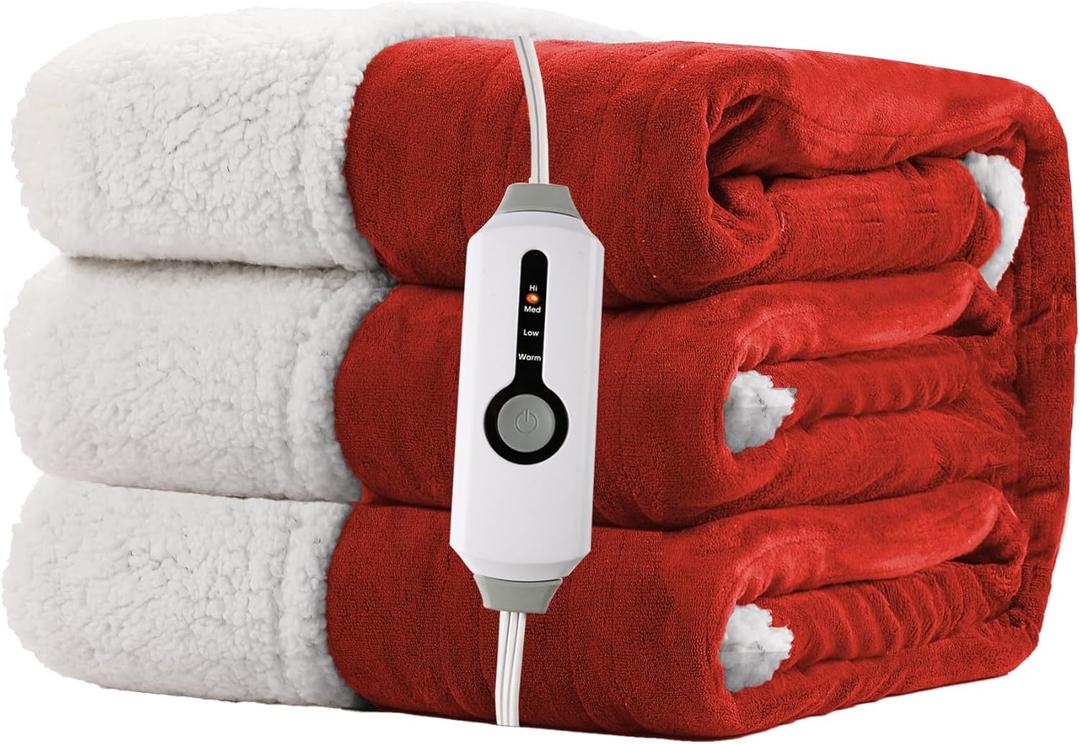 Electric Heated Blanket Twin Size 62"x84" - Dual-Sided with Microplush & Sherpa Fabric, 4 Heat Settings & 10 Hours Auto Off, Machine Washable - Red (05-bright Red)