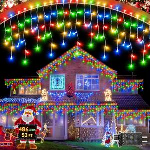 Christmas Lights Outdoor, 53 FT 486 LED Christmas Lights for Outside, Timer & Memory, Plug in 8 Modes Hanging Fairy Lights with 108 Drops for House Eaves Yard Patio Holidays Decorations, Multicolor