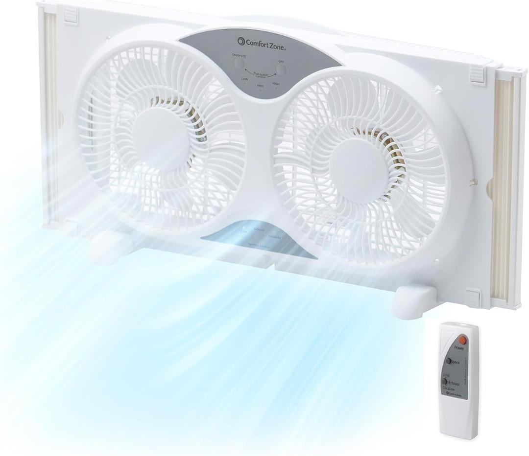 Comfort Zone Window Fan for Bedroom, 9 inch 3 Speed Dual Fans with Auto-Locking Expanders, 3 Modes (Cool, Circulate, Exhaust), Remote Control, Fabric Cover plus Bug Screen, White