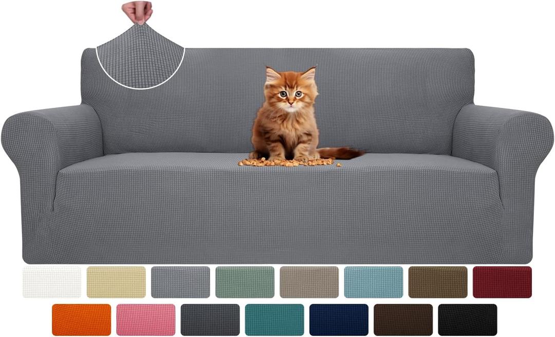 MAXIJIN Super Stretch Couch Cover for 3 Cushion Couch, 1-Piece Universal Sofa Covers Living Room Jacquard Spandex Furniture Protector Dogs Pet Friendly Fitted (Large, Light Gray)