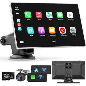 Portable Apple Carplay Screen for Car, 9" Wireless Apple Carplay & Android Auto,4K Dash Cam,1080p Backup Camera DVR,Car Audio Receivers GPS Navigation Mirror Link, Bluetooth,FM, Siri