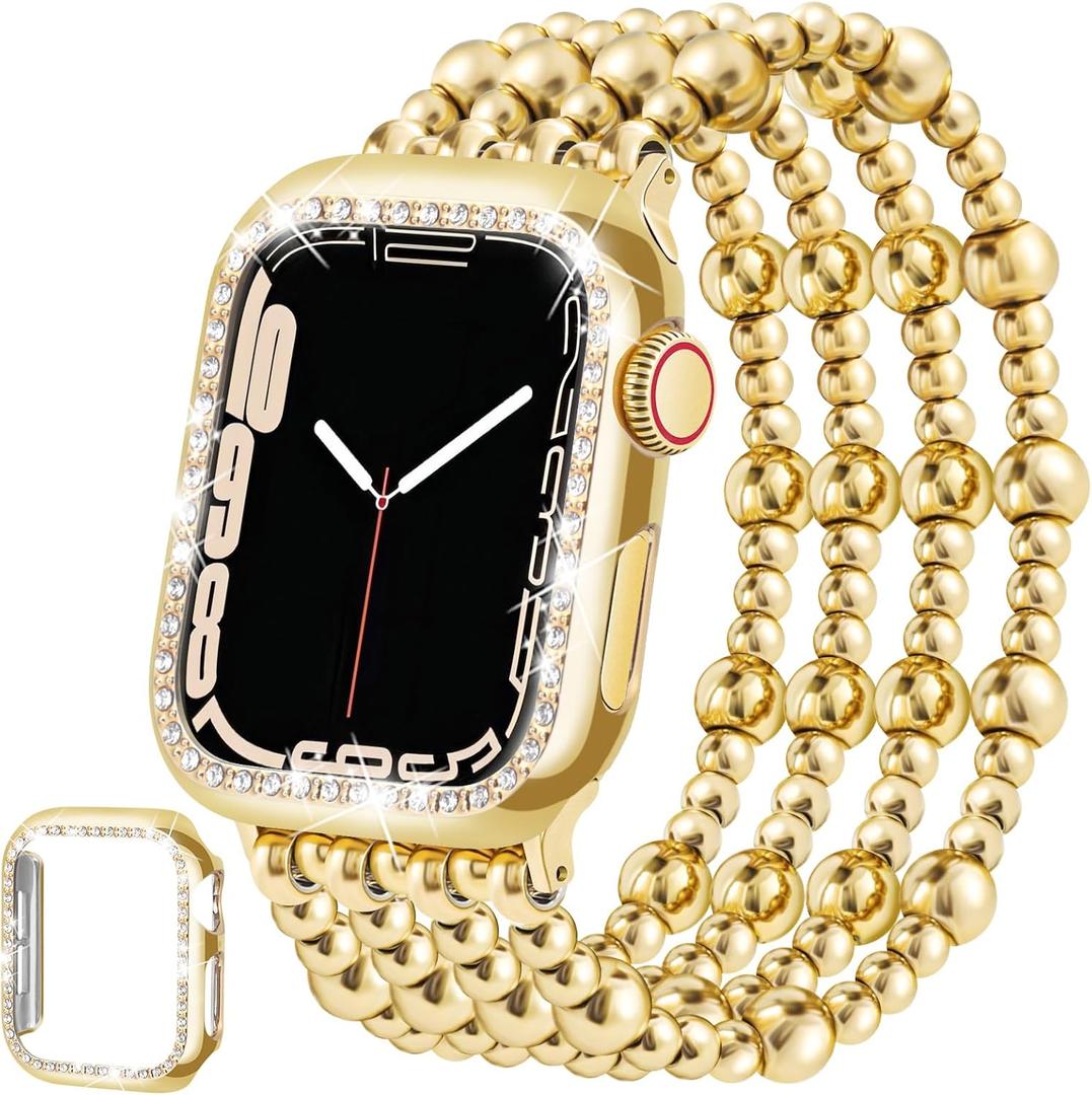 Stainless Steel Beaded Bracelet & Case for Apple Watch Band 40mm 38mm 41mm 42mm 44mm 45mm Women, Handmade Dressy Cute iPhone Watch Bands Stretchy Fashion Straps for iWatch Series 9 8 7 6 5 4 3 2 1 SE (A-Gold Band + Gold Case (No Screen Protector))