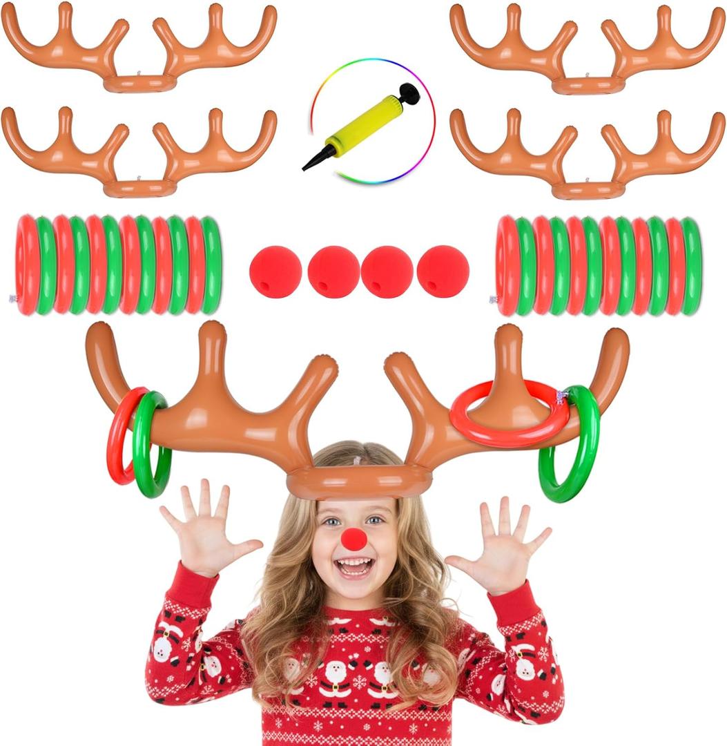 2 Set Inflatable Reindeer Antlers Ring Toss Game, Christmas Games for Family Party Great for Adults and Kids