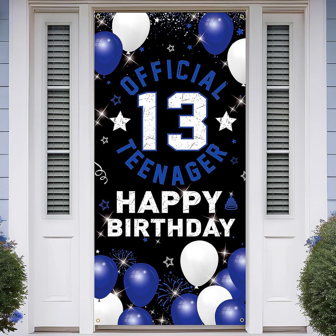 Vicycaty Happy 13th Birthday Decorations for Boys Girls – Official Teenager Fabric Banner Backdrop, Door Porch Yard Sign, Blue Birthday Party Supplies and Photo Booth Props for Indoor Outdoor Décor
