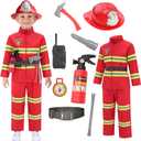 Avady Firefighter Costume for Kids Fireman Costume Fire Chief Dress Up Birthday Party Halloween Costumes, 9-10 Years, Red