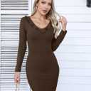 Valiamcep Women's Mini Dress V Neck Ruffle Long Sleeve Ribbed Slim Fitted Bodycon Pencil Dresses (S)