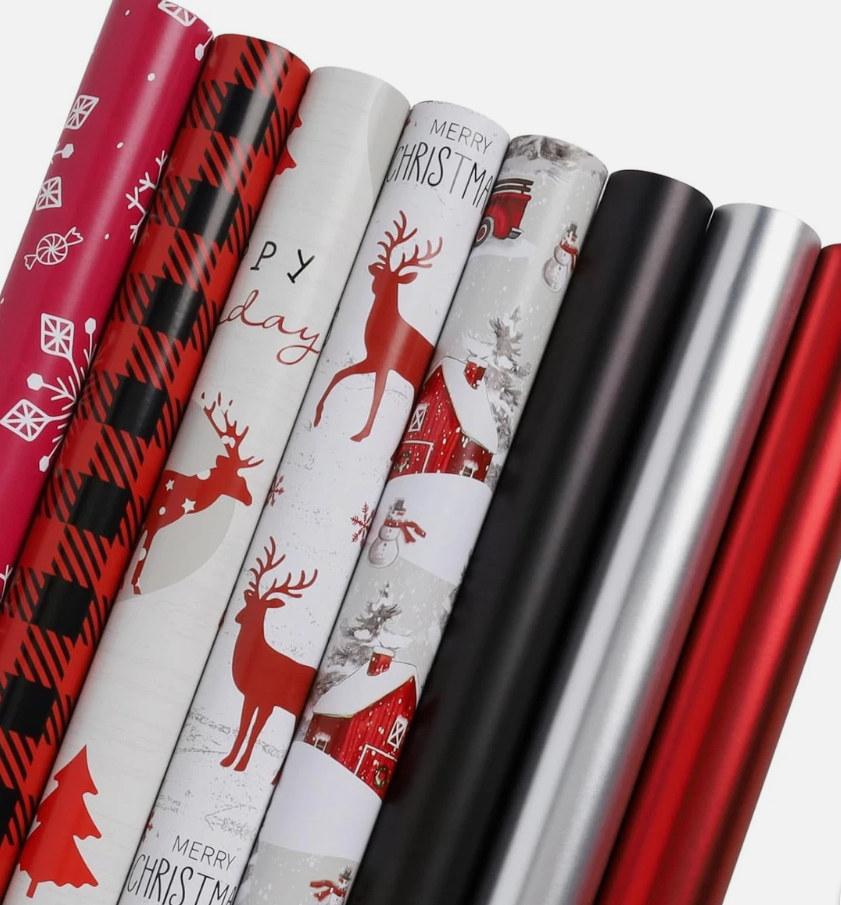 LaRibbons Christmas Wrapping Paper Rolls, 30Inch × 10Feet, 8 Rolls: 200 sq.ft.ttl, Classic Reindeer/Snowflake/Plaid/Truck and Matte Solid Color Gift Wrap Bundle for Christmas, Holiday, Season Party
