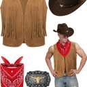 Toulite 4 Pcs Western Outfits for Men Cowboy Tassel Vest Hat Belt Buckle Paisley Bandana for Halloween Cosplay (Medium, Brown, coffee, red)