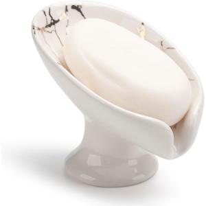 Soap Dish, Ceramic Soap Holder, Self Draining Soap Dish Holder, Leaf Shape Soap Bar Holder (White)