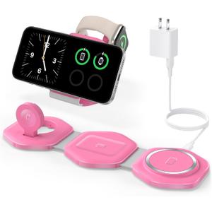 3 in 1 Charging Station for Apple Devices - Foldable Magnetic Wireless Travel Charger Multiple Devices - Travel Charging Pad for MagSafe iPhone 16 15 14 13 12 Pro Max Plus Apple Watch & AirPod (Rose Pink)